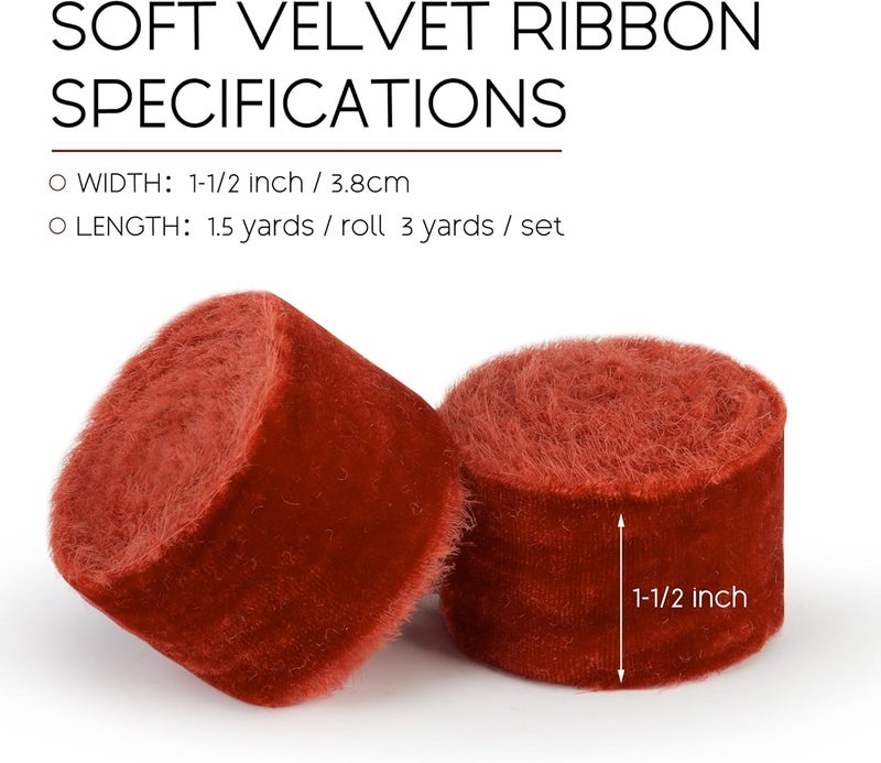 Keypan Rust Red Velvet Ribbon for Gift Wrapping - 1 1/2 inch Wide Handmade Fringe Fabric Ribbons for Christmas Decorations, Baby Shower, Flower Bouquet - Image 2